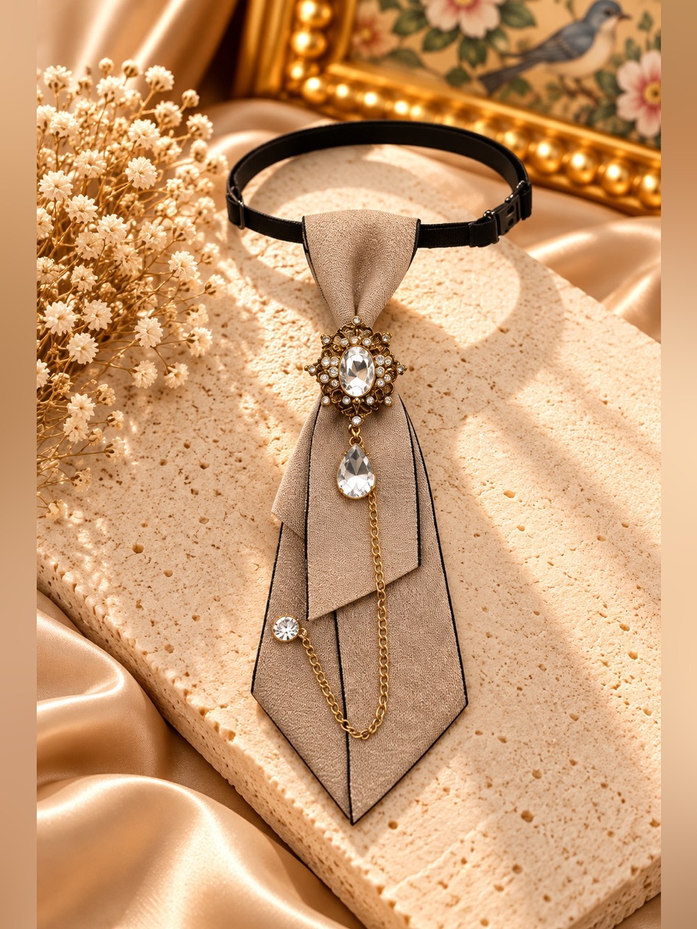 Taupe Crystal Chain Pre-Tied Women’s Bow Tie Statement Accessory